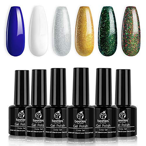 Beetles Gel Polish Set, Blue Dark Green Glitter Gold Silver White Gel Polish Soak Off Nail Lamp LED Cured, 7.3ml Each Bottle for Nail Art Design for Gift