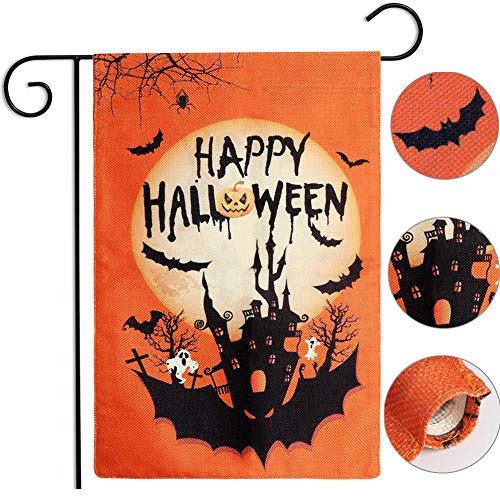 OurWarm Halloween Garden Flag Double Sided Halloween Flag, Spooky Pumpkin Bat Castle Burlap House Garden Yard Flag for Halloween Garden Yard Outdoor Decorations, 12.5 x 18 Inch