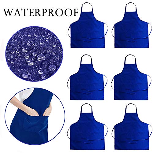 GNYO 6 PCS Waterproof Aprons for Women Men Blue Kitchen Apron with 2 Pockets Bib Aprons Bulk for Cooking BBQ Baking Crafting Restaurant