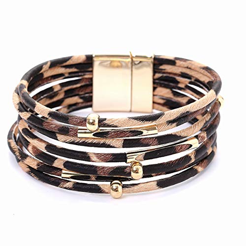 YOMOHO Leopard Leather Bracelets for Women, Multi-Layer Leather Wrap Bracelet Handmade Wristband Cuff Bangle with Magnetic Buckle Jewelry