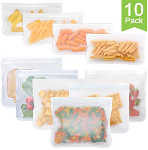 Reusable Storage Bags, (6 Lunch Bags, 4 Snack Bags), Extra Thick Leakproof FDA Grade PEVA Ziplock Bags for Food Storage, Sandwiches, Make-up, Travel Items and Home Organization