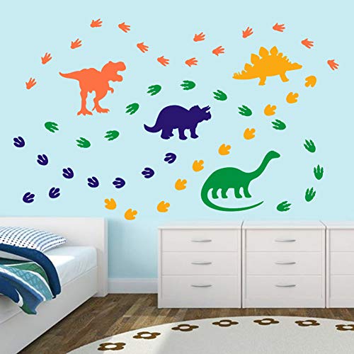 Book Cover Creative Dinosaur Wall Decals, DIY Adorable Animal Dinosaur Footprints and Paw Print Wall Sticker for Kids Room Classroom Decoration, Orange,Blue,Yellow,Green (74 Pcs)