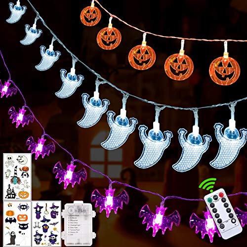 Halloween Decorations Halloween Lights Outdoor,8 Lighting Modes Set of 3 Battery Operated Orange Pumpkins Bats Ghosts 30 LEDs Each for Halloween Party Decoration Outdoor Indoor with Remote Control