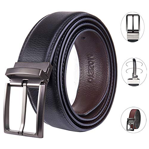 MOZETO Men's Casual Belt, Rotated Buckle 2 in 1 Reversible Leather Belt, Adjustable Length Dress Belt Gift Box
