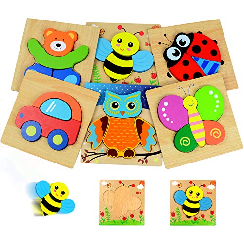 Kulariworld Wooden Jigsaw Puzzles Toys for Toddlers Boys Girls 1 2 3 Years Old 6 Pieces Preschool Educational Toy Gift with Vibrant Color Animal Vehicle Shapes