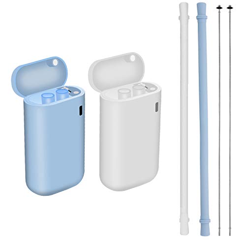 2 Pack Collapsible Reusable Straw, Composed of Stainless Steel and Food-Grade Silicone, Portable Set with Hard Case Holder and Cleaning Brush, for Party, Travel, Household, Outdoor, etc. (Black&Blue)