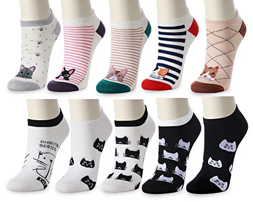 TTIZZY 10 Pairs Novelty Cat Socks for Women - Thin Causal Women and Girls Fun Low Cut Cotton Socks