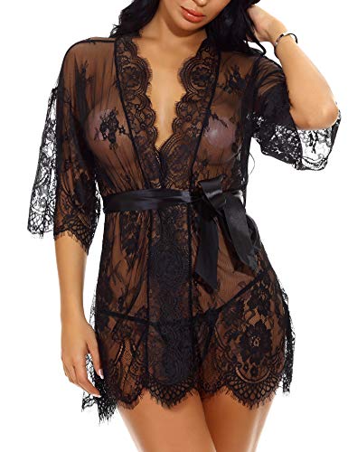 Book Cover Women Lingerie Lace Kimono Long Sleeve Robe for Wedding Party Nightwear(Black,S)