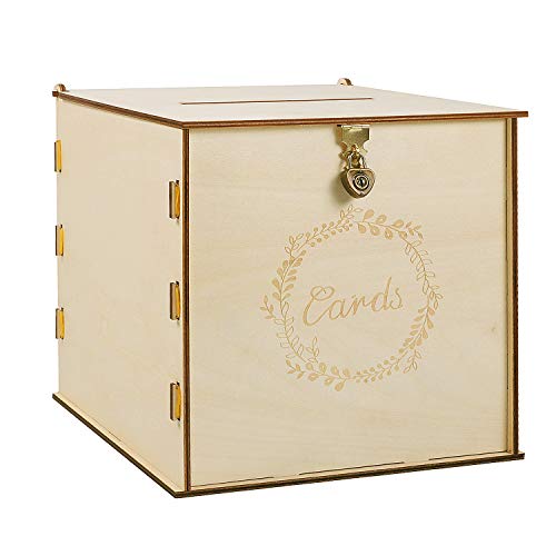 Wooden Wedding Card Box with Security Heart Lock，Rustic Wedding Envelope Box, Decorative Gift Card Box , Perfect for Weddings, Baby Showers, Birthdays, Graduations, 10.2" x 10.2" x 10.2" (Original)