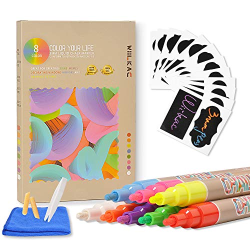 Liquid Chalk Markers Pen, (8 Pack 3mm) Neon Chalk Pens for Bistro Boards and Windows Paint, Chalkboard Markers Erasable with 24 Labels, Cleaning Cloth, 2 Reversible Bullets and Chisel Tip