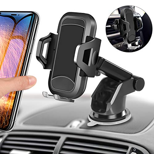 Car Phone Mount, HENKUR Cell Phone Holder for Car Dashboard Windshield Air Vent, Upgraded Vehicle Phone Stand Strong Suction Compatible with iPhone X Xs Max XR 8 7 6s Plus SE, Galaxy S7,8,9,10 (Black)