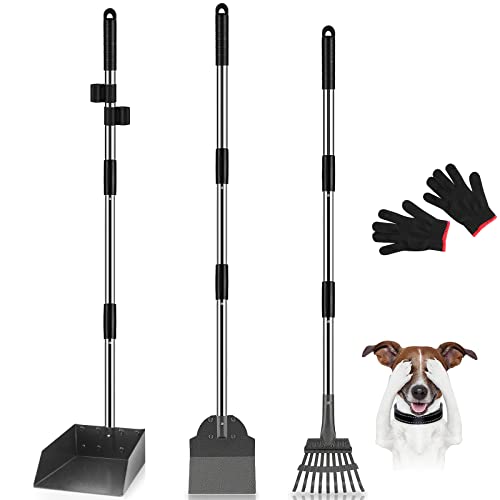 Book Cover MOICO Dog Pooper Scooper, 3 Pack Upgraded Adjustable Long Handle Stainless Metal Tray, Rake and Spade Poop Scooper, Pet Waste Removal Pooper Scooper for Large Medium Small Dogs and Pets