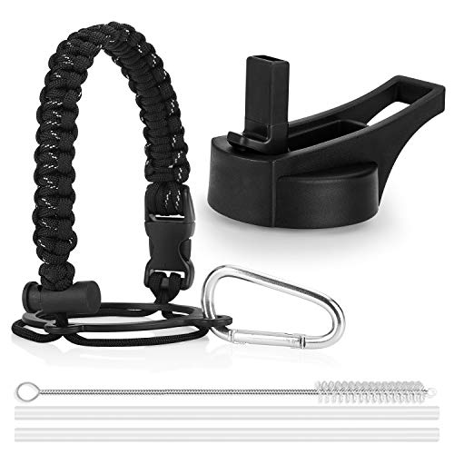 Kaiouli Straw Lid for Hydro Flask Wide Mouth Water Bottle with Paracord Handle, Paracord Carrier with Safety Ring and Carabiner, Compatible with Most Brands Wide Mouth Sport Water Bottle