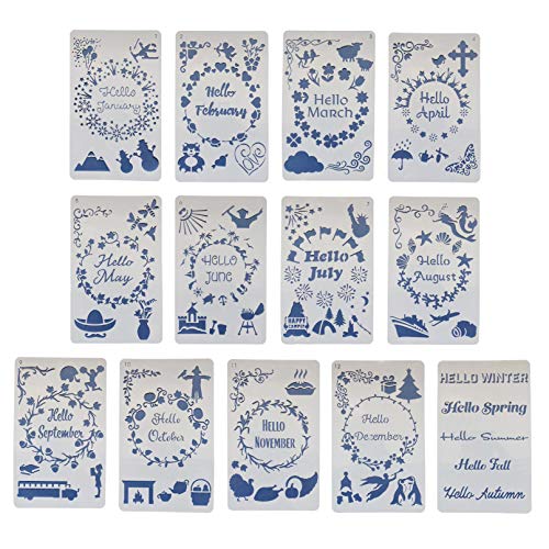 13pcs Monthly Stencils Drawing Painting Templates Set, 1-12 Months and Season Fun Themes Words Borders Journal Stencils for Scrapbooking Craft Projects Stamping Album Card