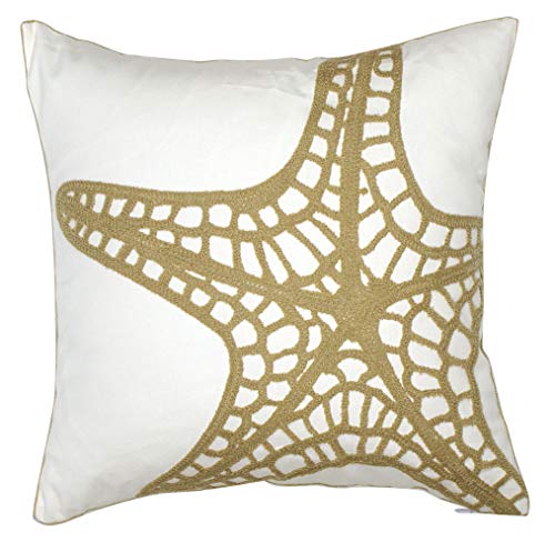 DECOPOW Embroidered Nautical Decor Pillow Covers,Square 18 Inches Decorative Canvas Pillow Cover for Nautical Style Deco by (Wheat-Starfish)