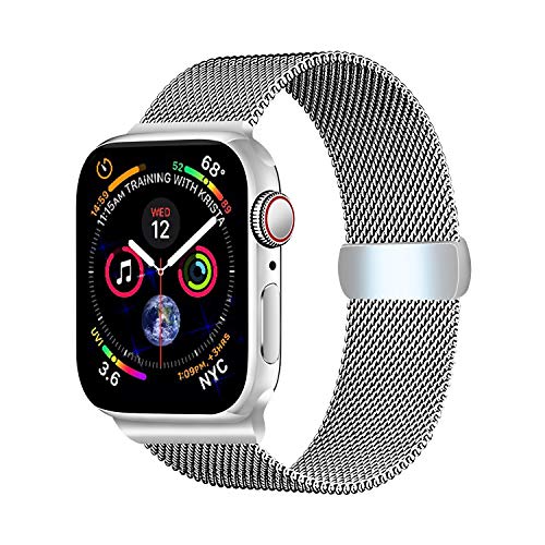 Book Cover LUNANI Compatible for Apple Watch Band 42mm 44mm, Stainless Steel Mesh Sport Wristband Loop with Adjustable Magnet Clasp for iWatch Series 1 2 3 4, Silver