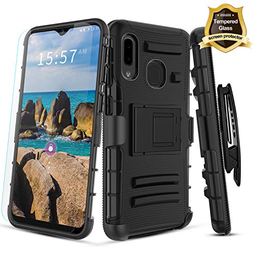 IRUNME for Samsung Galaxy A20 Case/Galaxy A30 Case,with [Tempered Glass Screen Protector],Full Body Protect Case with Belt Clip Kickstand for Men/Women (Black)