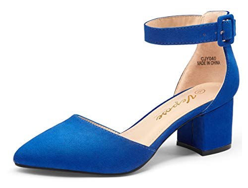 VEPOSE Women's Low Chunky Heels Pumps Ankle Strap Block Heel Formal Dress Shoes for Women