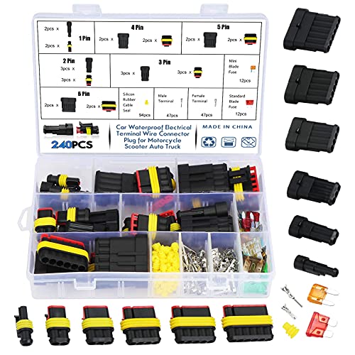 Book Cover OCR 240Pcs Car Wire Connector Plug Kit, Waterproof Motorcycle Automotive Electrical Connectors Terminal Plug, 1 2 3 4 5 6 Pin Car Spark Plug Connector with Fuses Kit for Car, Motorcycle, Truck, Boat