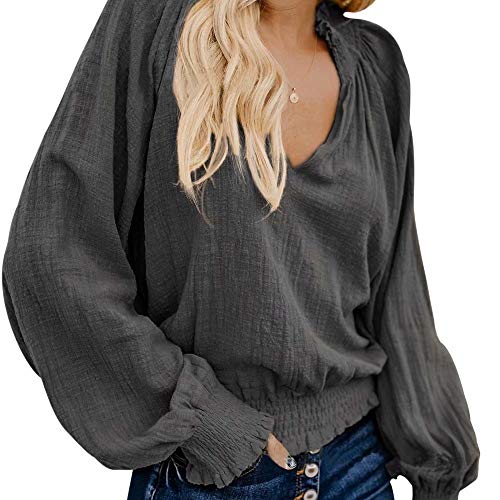 MOOSLOVER Women Loose Blouse Long Sleeve V Neck Pleated Tops Casual Shirts