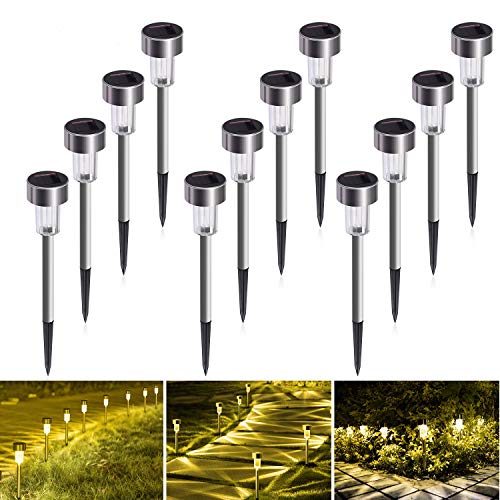 SUNNEST Solar Garden Lights Outdoor 12 Pack, LED Solar Powered Pathway Lights, Stainless Steel Landscape Lighting for Lawn, Patio, Yard, Walkway, Driveway Warm White