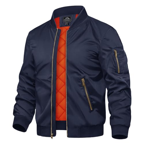 TACVASEN Winter Bomber Jacket for Men Windproof Thicken Padded Work Coat Men Classic Quilted Jacket Casual with 4 Pockets Outwear Navy, L