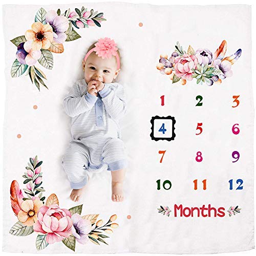HIGO Baby Milestone Blanket Girl, 100% Organic Soft Fleece Month Blanket Photography Backdrop Photo Prop with Picture Frame and Flower Headband