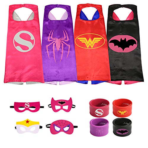 Munfa 4 Different Superheros Cape and Mask Costumes 4 Set Includes Bonus Matching Wristbands for Kids (Multicolored) (Multicolored) (Girl, Supergirl)