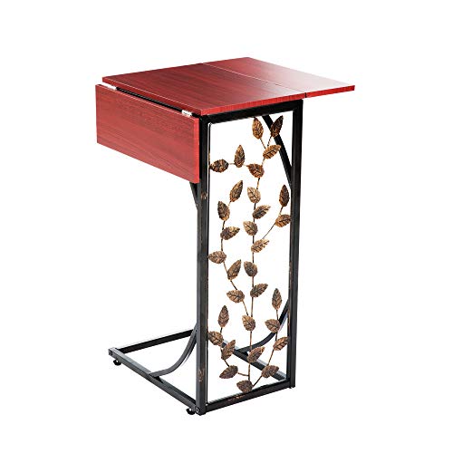 Etna Products Etna Sofa Side Perfect for Your Night Stand, Bedside, Couch, Living Room, TV Trays-Expandable 2 Metal and Dark Brown Wood Top with Leaf Design C Shaped Snack Narrow End Table