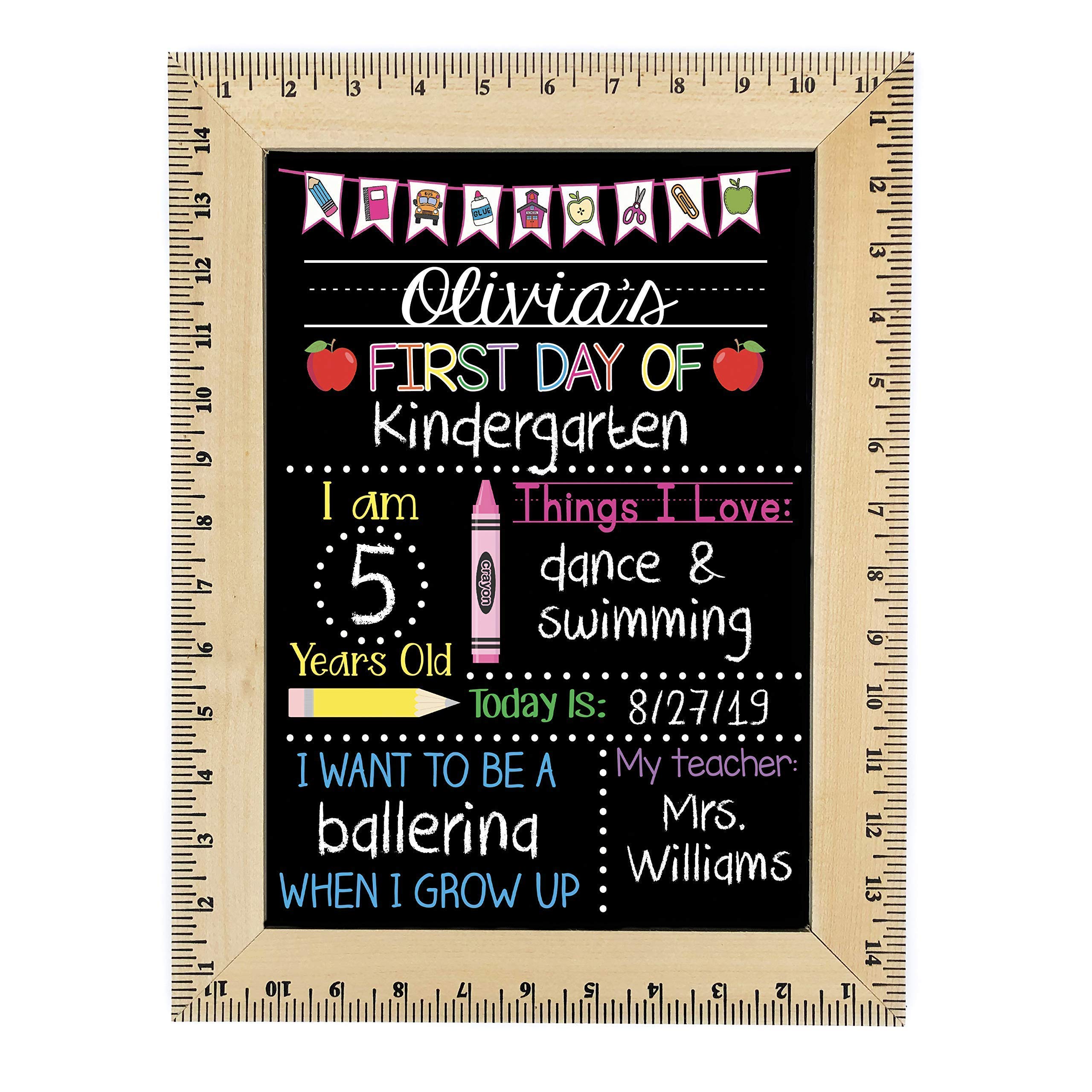 First Day of School Chalkboard, Easy to Clean Reusable Sign with Wooden Ruler Frame, Pink Crayon