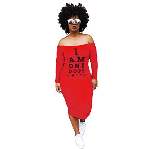 Miiyana Plus Size Bodycon Dress-Womens Off The Shoulder Letter Print Tunic Dresses Red