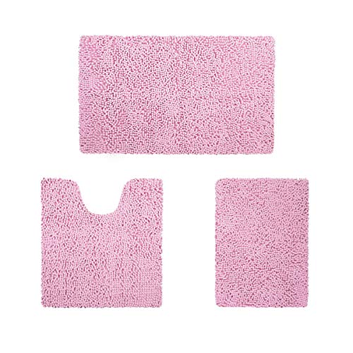 HOMEIDEAS 3 Pieces Bathroom Rugs Set Ultra Soft Non Slip and Absorbent Chenille Bath Rug, Pink Bathroom Rugs Plush Bath Mats for Tub, Shower, Bathroom