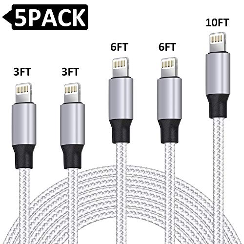 Book Cover iPhone Charger,AYNGWRNB MFi Certified Lightning Cable 5 Pack [3/3/6/6/10FT] Extra Long Nylon Braided Cord Compatible iPhone Xs/Max/XR/X/8/8Plus and More