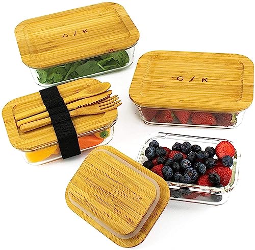 Glass Food Storage Containers with Eco Friendly, Sustainable Bamboo Lids, Set of 4. Plastic Free, BPA Free. Includes Bamboo Cutlery & Adjustable Wrap. Glass Bento Box Great for Meal Prep (assorted)