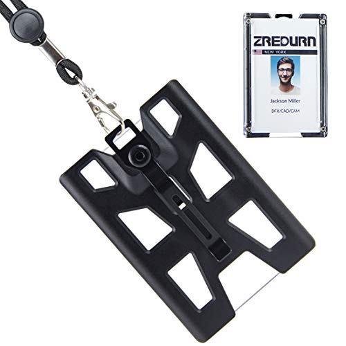 ID Badge Holder Wallet with Lanyard, Metal Clip with 4 Cards Slot, Vertical (Black)