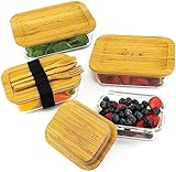 Glass Food Storage Containers with Eco Friendly, Sustainable Bamboo Lids, Set of 4. Plastic Free, BPA Free. Includes Bamboo Cutlery & Adjustable Wrap. Glass Bento Box Great for Meal Prep (assorted)