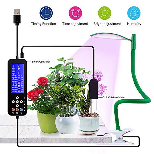Grow Lights for Indoor Plants & Soil Moisture Meter Smart Controller Programmable Timer AutoTurn On/Off FunctionFull Spectrum Adjustable Gooseneck USB Connector 5 Dimmable Levels 3 Switch Modes LED