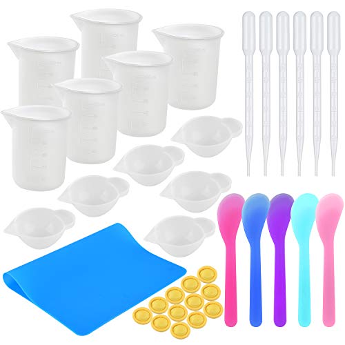 36 Pieces Silicone Resin Measuring Cups Tool Kit- 100ml Silicone Measuring Cups, Silicone Mixing Cups, 3ml Plastic Transfer Pipettes, Finger Cots, Mixing Sticks and Silicone Mat Making Handmade Craft