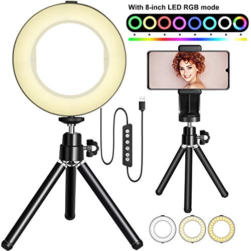 DINOKA Ring Light, 8" Dimmable RGB LED Selfie Ring Light with Tripod Stand and Cell Phone Holder Removable Makeup Mirror with 2 Light Modes & 11 Brightness Level for YouTube Video and Makeup