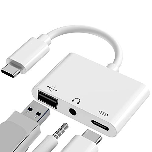 Book Cover USB C Female OTG Audio Adapter, 3-in-1 Digital Camera USB Reader, 3.5mm Headphone Jack and Charging Port Splitter Adapter, Support Card Reader, Compatible with iPad Pro, Pixel 3/3 XL/2/2 XL, and More