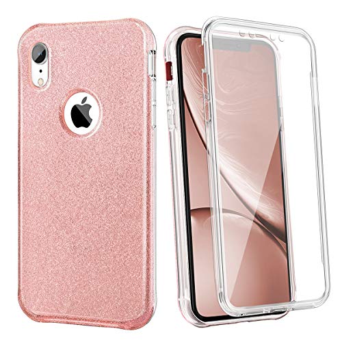 Coolden Case for iPhone XR with Built-in Screen Protector Cute Bling Glitter Case Rugged Dual Layer Full Body Shockproof Cover Anti-Scratch Case for iPhone XR 10R, Rose Gold