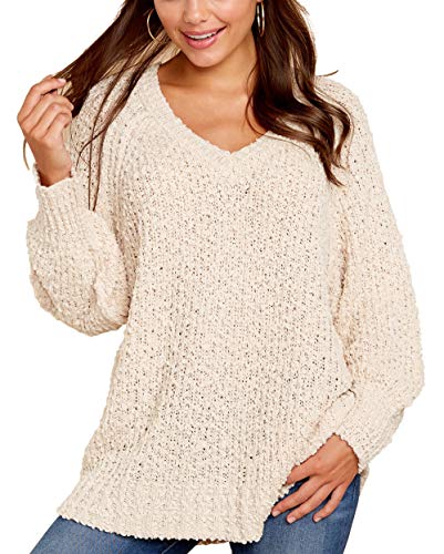 KIRUNDO Women's Winter Fuzzy Popcorn Sweater V Neck Long Sleeves Loose Fit Sweatshirt Solid Tops Pullover