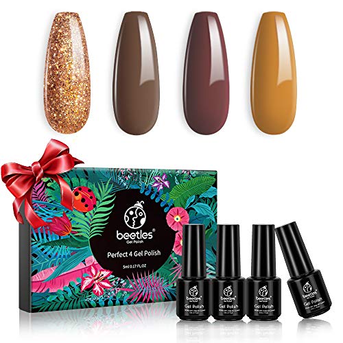 Beetles Gel Nail Polish Set, Pumpkin Pie Kit Glitter Yellow Brown Gel Polish Kit Soak Off UV Nail Lamp LED Cured 5ml Each Bottle for Nail Art Gift