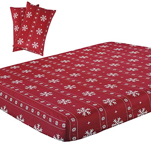 Vaulia Soft Microfiber Sheet, Red and White Color Snowflake Pattern, Full Size 3-Piece (1 Fitted Sheet, 2 Pillowcases)