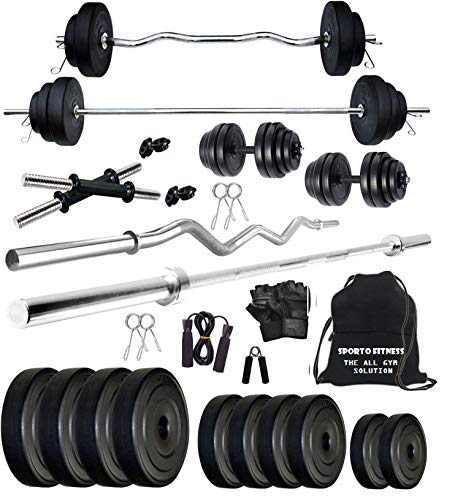 Sporto Fitness Leather 20 Kg Weight Plates, 3ft curl and 3 ft stade Rod, 2 D.Rods Home Gym Equpments Dumbbell Set{33}