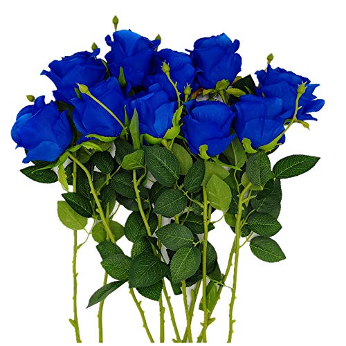 AnotherGifts Artificial Silk Rose Flower Bouquet Home Decor Wedding Party Gifts 10 PCS Holiday Giving Festival Present (Blue)