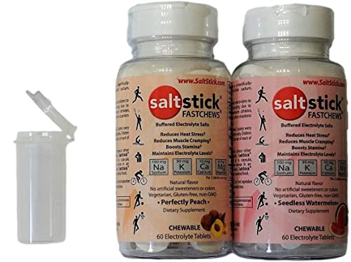 SaltStick FASTCHEWS® Variety 2-Pack - 60 Count Bottles of Peach & Watermelon with Race Ready Tube and Fridge Magnet