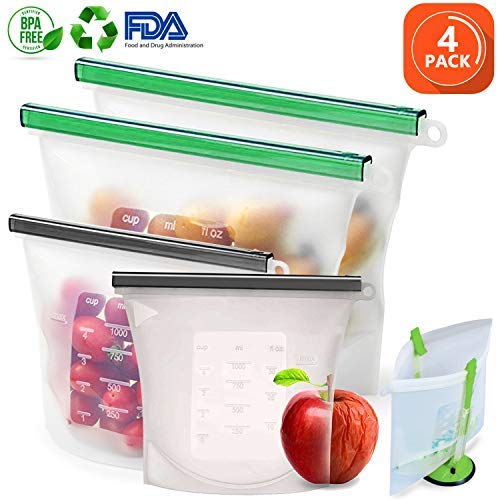 Sungluber Reusable Silicone Food Bag Sandwich Bag Storage Bag Airtight Freezer Bags BPA Free Ziplock Lunch Bag Snack Bags for Travel Home Organization (4 Pack)