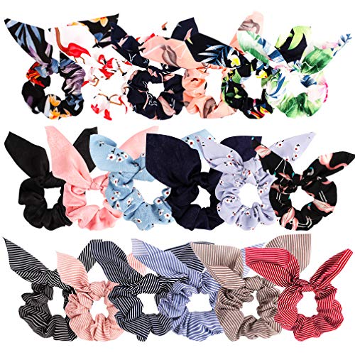 Bow Scrunchies For Hair, 18 Pcs Chiffon Satin Scrunchies Silk with Bow Scarf, Solid Stripe Flower Color Bow Scrunchies, Ponytail Holder with Tail, Rabbit Bunny Ear BowKnot Hair Accessories