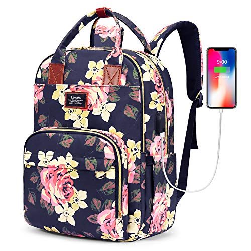 SOCKO Laptop Backpack for Women Floral Hiking Backpack Nylon Travel Backpack with USB Charging Port Water-Resistant School Backpack Fits 15.6 Inches Laptop (Peony Flower)